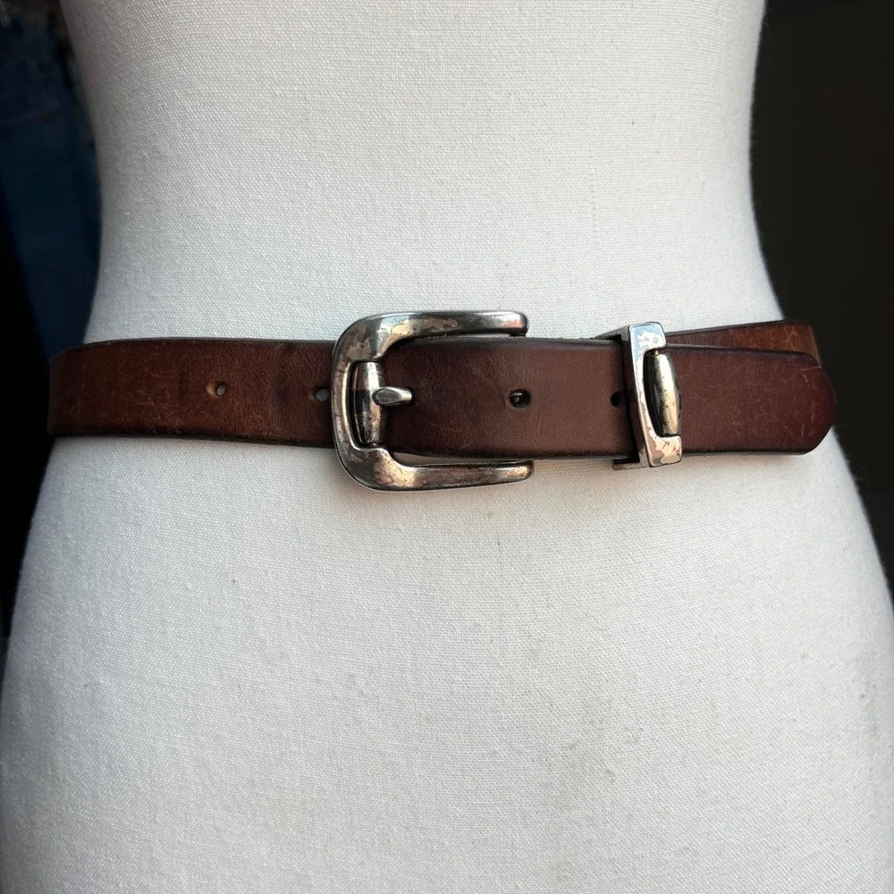 Vintage 1995 Brown Leather Belt Patina Silver Buckle Western Boho Minimalist